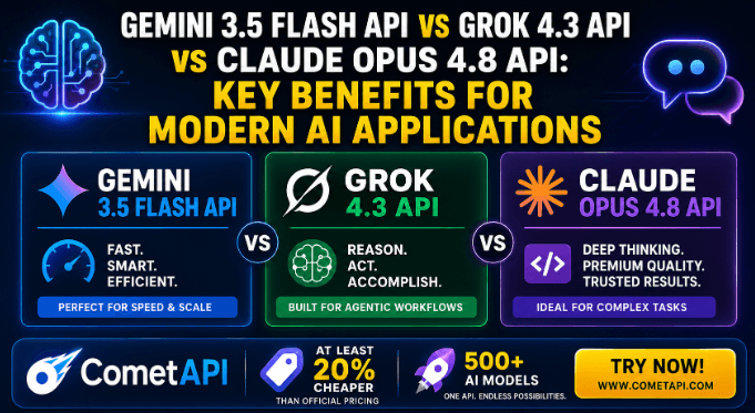 Gemini 3.5 Flash API vs Grok 4.3 API vs Claude Opus 4.8 API: Key Benefits for Modern AI Applications
